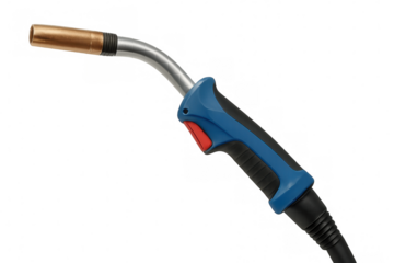 Gas welding torch featuring a copper nozzle and ergonomic blue handle, isolated on a transparent background, ideal for industrial projects and metalworking visuals