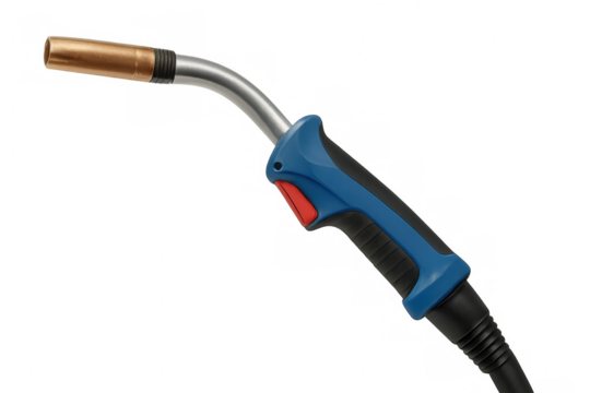 Gas welding torch featuring a copper nozzle and ergonomic blue handle, isolated on a transparent background, ideal for industrial projects and metalworking visuals