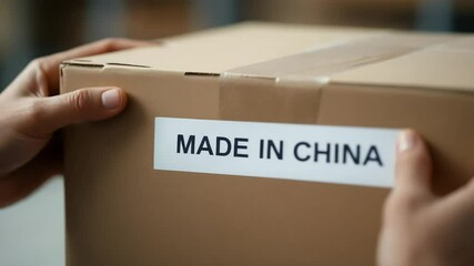 Person holding cardboard box with made in china label indicating origin