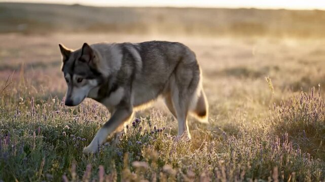 A majestic saarloos dog walking through a vibrant field of wildflowers at sunrise, with a soft mist rising in the background - Saarloos Wolfdog