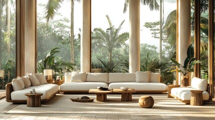 Obraz premium Light-filled living room with beige sectional sofa, wooden furniture, and lush tropical view