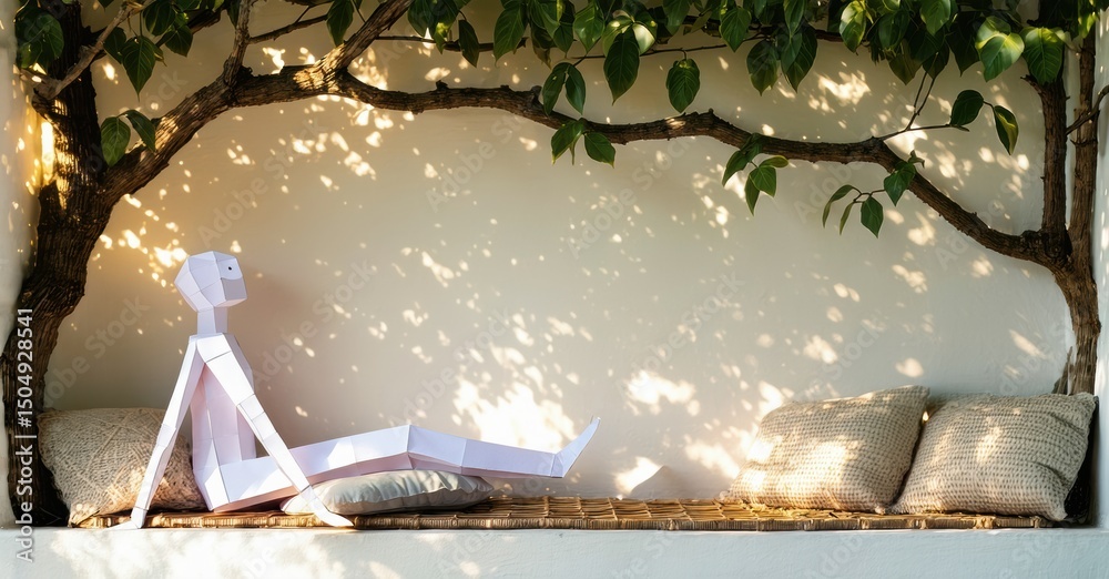 Poster paper figure rests on bench. sunlight filters through leaves creating shadows, peaceful outdoor scen