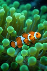 Fototapeta premium Clownfish Swimming Among Sea Anemones – Vibrant Underwater Marine Life