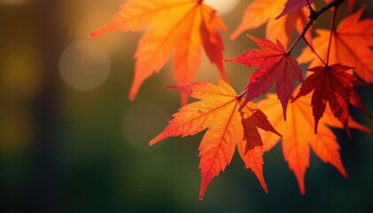 Crimson, orange, and gold maple leaves on a branch against a blurred background , photography, fall colors