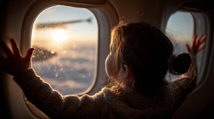 Fototapeta premium Child watching sunset from airplane window in-flight travel photography sky emotional perspective