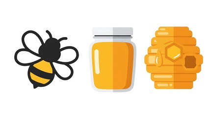 A flat vector design of a honey label with bee icon, jar, and honeycomb, positioned in the center of a plain white background
