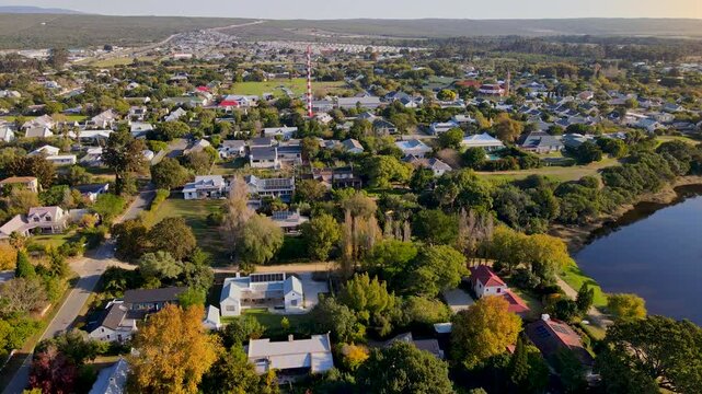 Popular weekend getaway countryside town of Stanford in Overberg, sunset aerial