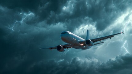 Emergency landing action airplane thunderstorm sky dramatic atmosphere aviation safety concept