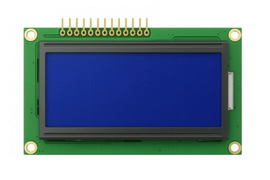 Lcd screen showing solid blue color, mounted on a green circuit board with gold connectors, isolated on transparent background