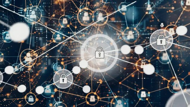 Top view of a group of people are in the process of secure data exchange, secure lock symbol, sovereignty, blockchain, Generative AI Videos.