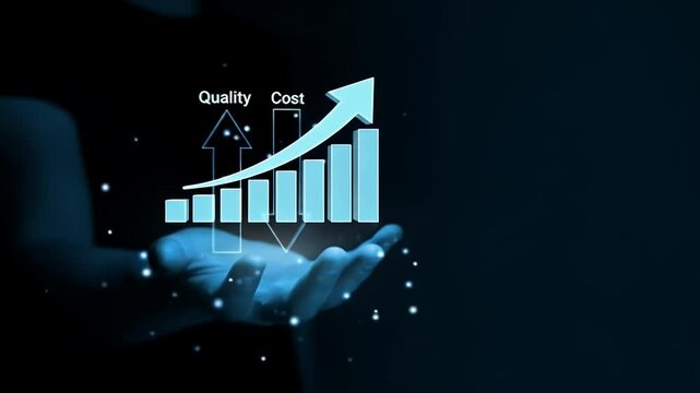 Illuminated Hand Showing Business Quality Cost Improvement Data and Financial Growth With Blue Abstract Background And Copy Space