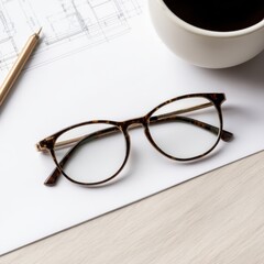Stylish eyeglasses, a pen, and a cup of coffee rest on architectural blueprints atop a light wooden desk.
