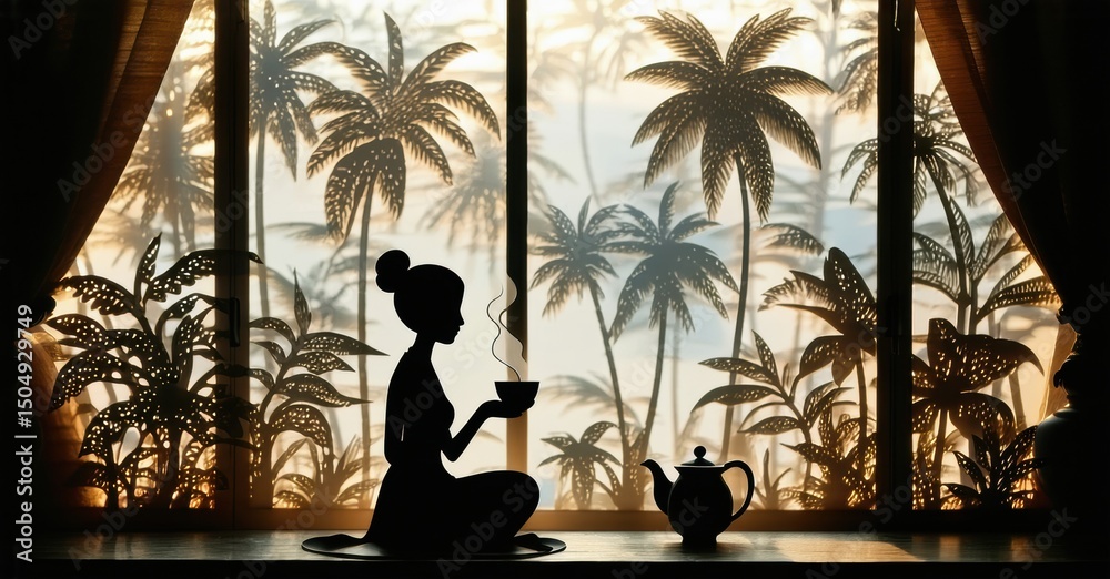 Poster silhouette depicts woman enjoying beverage. palm trees visible through window, creating serene atmos