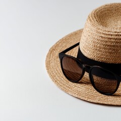 A straw hat with black sunglasses resting on a white surface, suggesting summer style and travel vibes.