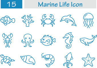 15 set Marine life outline icon on transparent background