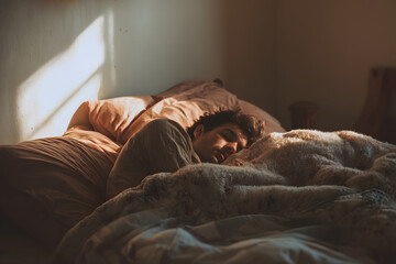 Individual sleeping comfortably in cozy bed with soft pillows and blankets symbolizing mental health awareness and rest