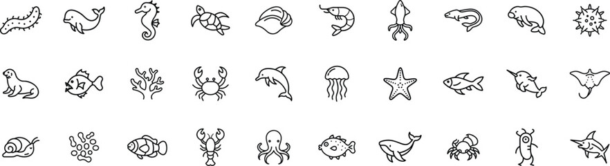 30 Marine life icon mega set on transparent background
