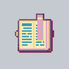 opened book with bookmark sign in pixel art style
