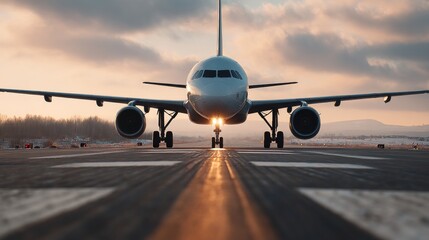 Aircraft taking off at sunrise airport runway photography dynamic environment front view aviation concept