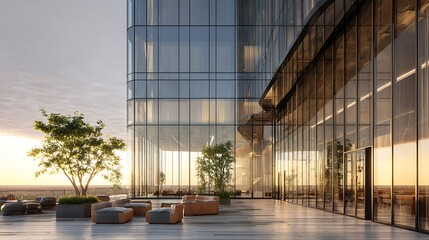 Modern Building Rooftop Lounge at Sunset with City View