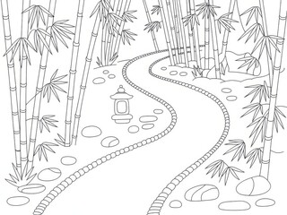 Bamboo Forest Path with Stone Lantern Serene Asian Garden Landscape Outline