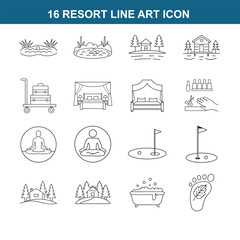 16 RESORT line art icon set on white background 