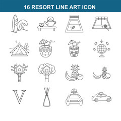 16 RESORT line art icon set on white background 