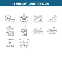 16 RESORT line art icon set on white background 