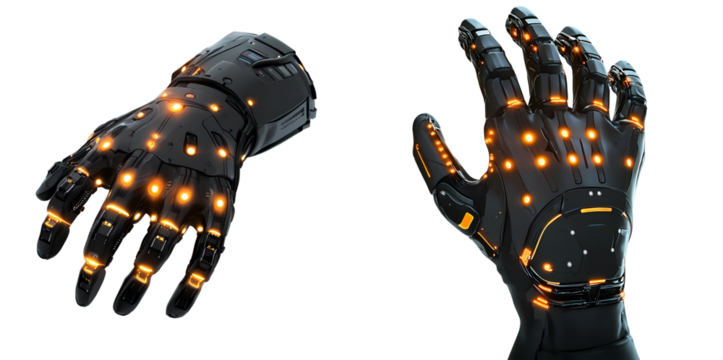 Futuristic black robotic gloves with orange LED lights, isolated on transparent background, showcasing intricate mechanical details and advanced technology design