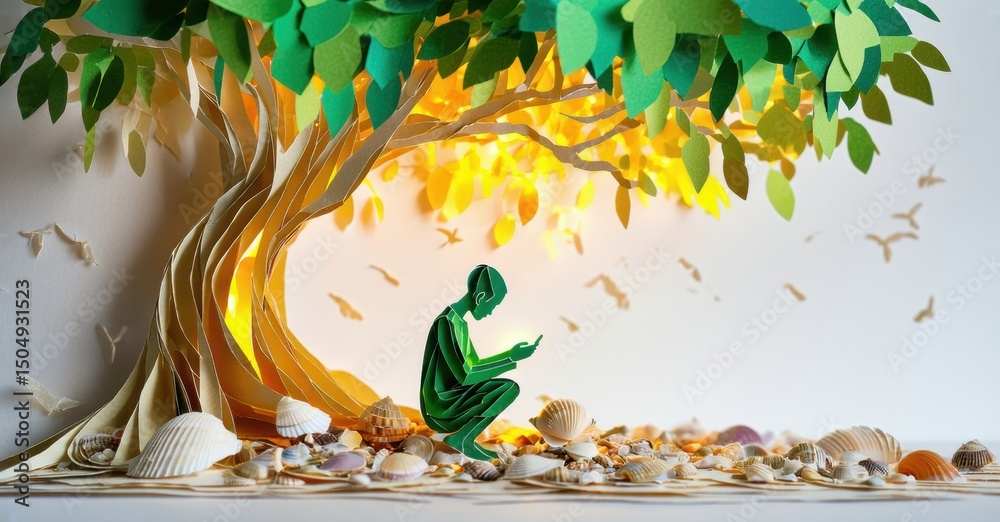 Poster papercraft scene depicts figure under tree. shells form ground, birds fly. warm light shines through