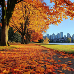 The beautiful fall colors of the vibrant maple trees along the tree-lined city in Vancouver, with a walking path leading to a lake