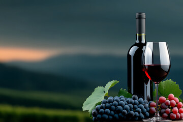 Obraz premium Red Wine Bottle and Glass Beside Fresh Grapes in a Vineyard During Sunset in a Tranquil Landscape