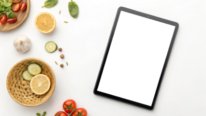 Single Tablet in Portrait Mockup, White Screen, White Background for Recipe Apps