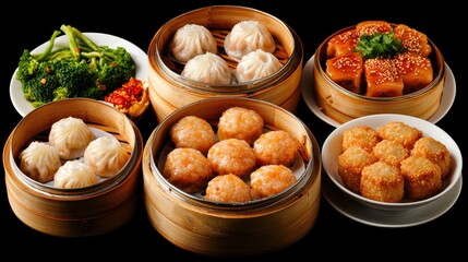 Chinese cuisine concept with dim sum and street food. Assorted dim sum dishes in bamboo steamers with vibrant vegetables.