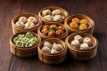 Chinese cuisine concept with dim sum and street food. Assorted dumplings in bamboo steamers arranged on a wooden surface.