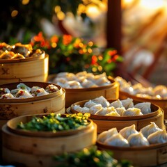 Chinese cuisine concept with dim sum and street food. Delicious dumplings in bamboo steamers, surrounded by greenery in warm light.