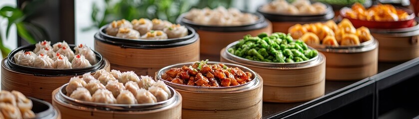 Chinese cuisine concept with dim sum and street food. Delicious dim sum served in bamboo steamers on a restaurant table.