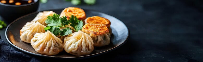Chinese cuisine concept with dim sum and street food. Delicious dumplings served on a dark plate with garnish and dipping sauce.