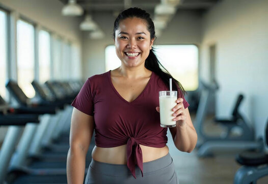 Overweight young woman drinking milk after fitness training workout. Weight loss workout, healthy lifestyle concept.