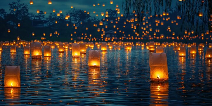 A lake reflecting the soft golden glow of floating sky lanterns