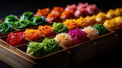 Chinese cuisine concept with dim sum and street food. Colorful and artistic edible flower desserts arranged in a wooden tray.