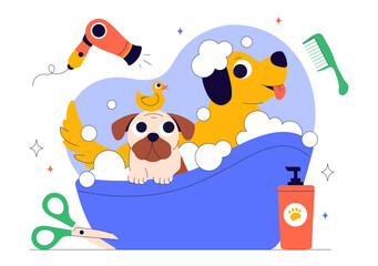Pet Grooming Vector Illustration featuring the Maintenance of Cleanliness, Health, and Appearance of Pets such as a Dog or Cat in a Background