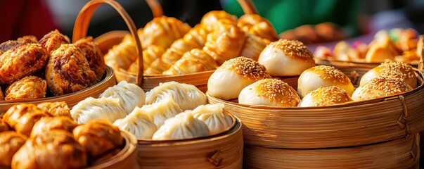 Chinese cuisine concept with dim sum and street food. Assorted baked goods in woven baskets, featuring various bread types and pastries.