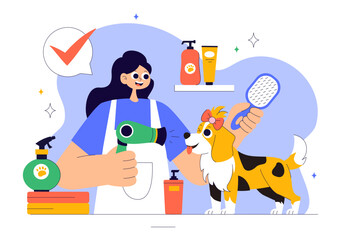Pet Grooming Vector Illustration featuring the Maintenance of Cleanliness, Health, and Appearance of Pets such as a Dog or Cat in a Background