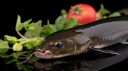 Freshwater fish with vibrant colors and garnishing vegetables enhancing culinary imagery