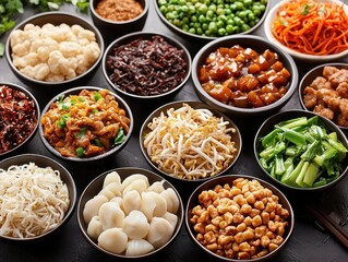 Chinese cuisine concept with dim sum and street food. Variety of fresh ingredients in bowls for cooking or meal preparation.