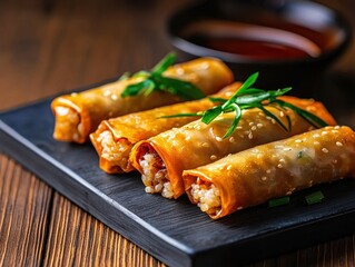 Chinese cuisine concept with dim sum and street food. Delicious spring rolls with sesame seeds on a black plate, served with dipping sauce.