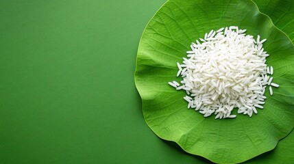 Chinese cuisine concept with dim sum and street food. White rice served on a large green leaf against a textured background.