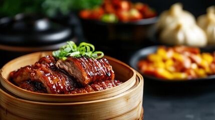 Chinese cuisine concept with dim sum and street food. Deliciously presented meat dish in bamboo steamer with colorful side dishes in the background.