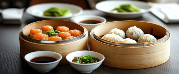 Chinese cuisine concept with dim sum and street food. Delicious dumplings and sushi served in bamboo steamers with dipping sauces.